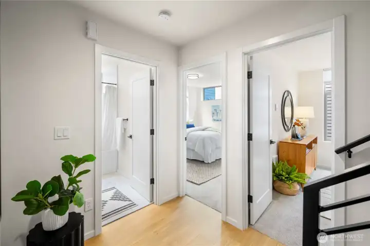 Now on the second level. A full bath is to your left, and then two good size bedrooms await as well. Let's step inside the bedroom to our left.