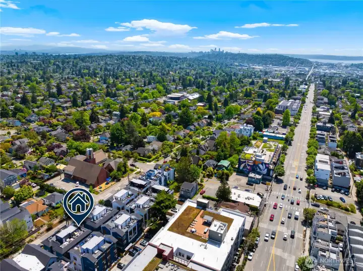 The large four lane road in the right of this photo is 15th Ave., NW. You are super close to bus lines and straightforward commute into downtown Seattle, South Lake Union, and beyond.