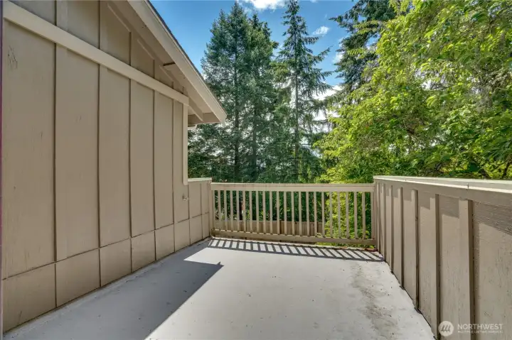 Enjoy a peaceful perch above the backyard, with space for a couple of chairs and a favorite beverage as the day begins or winds down. Enjoy a peaceful perch above the backyard, with space for a couple of chairs and a favorite beverage as the day begins or winds down.