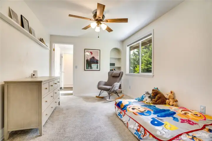 While two upstairs bedrooms share a bath, this room functions as an ensuite. A sunny window with newly installed blinds make it feel bright and comfortable. While two upstairs bedrooms share a bath, this room functions as an ensuite. A sunny window with newly installed blinds make it feel bright and comfortable.