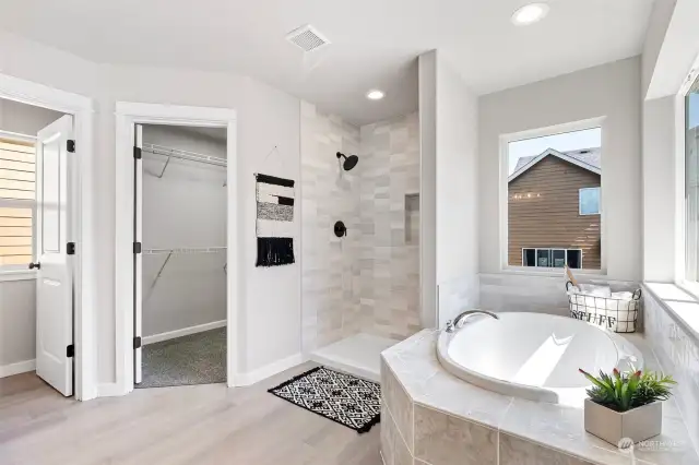 Master Bath with Tiled Shower, Walk in Closet and Soaking Tub.