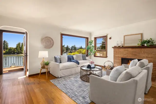 Roomy living room, offering large views of the water.