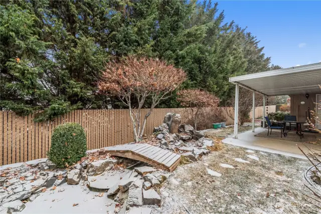 Large backyard, mature landscaping, fenced & private.