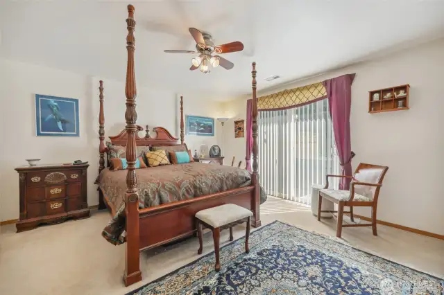 Primary suite with slider to hot tub, walk in closet and bathroom