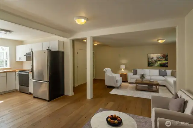 Living room and kitchen, seen from entryway