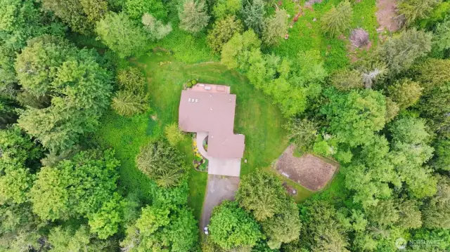 Ariel shot of the house and secluded 5 acres.