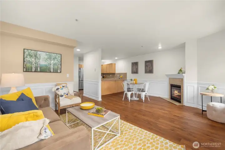 Cozy fireplace opposite of the breakfast bar.