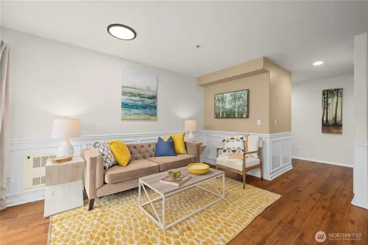 Hallway to bedroom, bathroom and laundry to the right of the living area.