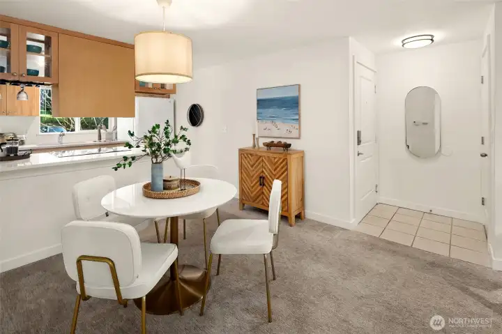 Once you step inside through the front door, you're greeted by the living room to your left and kitchen and dining to your right!