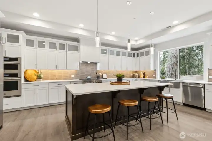 Wall mount combo micro/ second oven to make cooking for large groups easy.