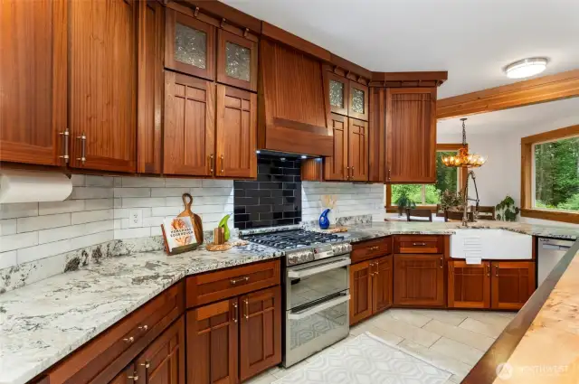 Gas range and farmhouse sink.