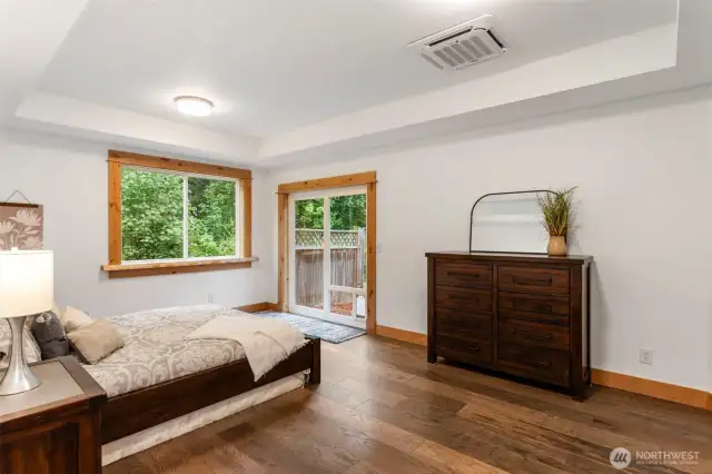 Primary bedroom with slider out to backyard. (Currently enclosed for little doggy space...can be removed).