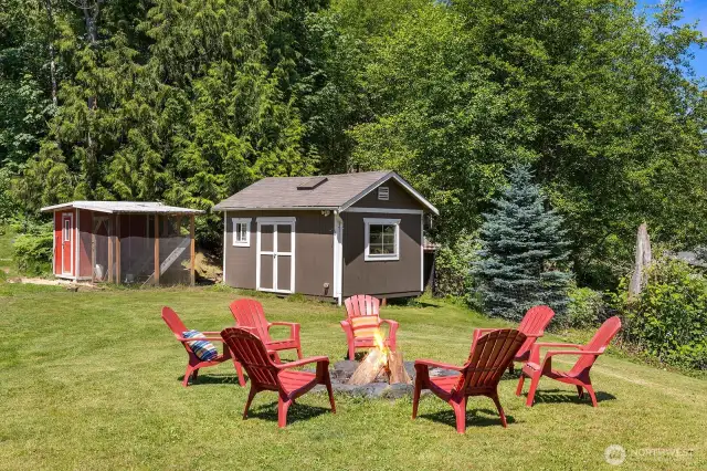 Large backyard, with fire pit, shed, coop, and rv/boat parking