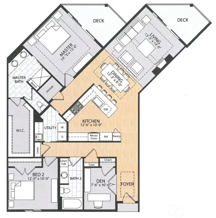 Unit 702 has a floor plan, one of five in the Rainier building, "Corner-Style Two-Bedroom + Office Plan with Dual Balconies".