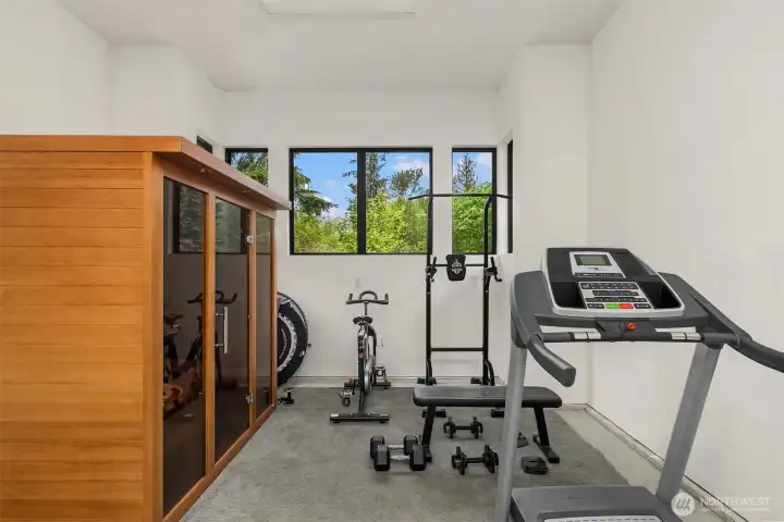 Gym space in attached garage. Not photographed is the fun doggie shower!