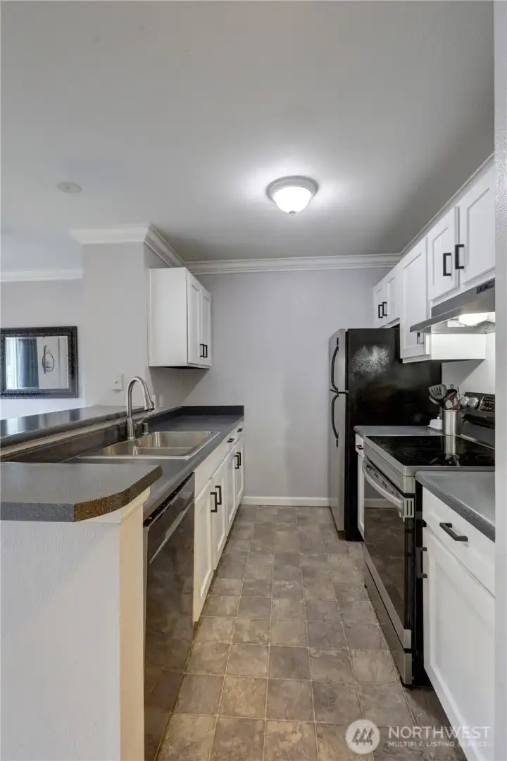 Cabinets recently painted and White cabinet doors replaced, newer stove and dishwasher, stainless appliances, refrigerator stays