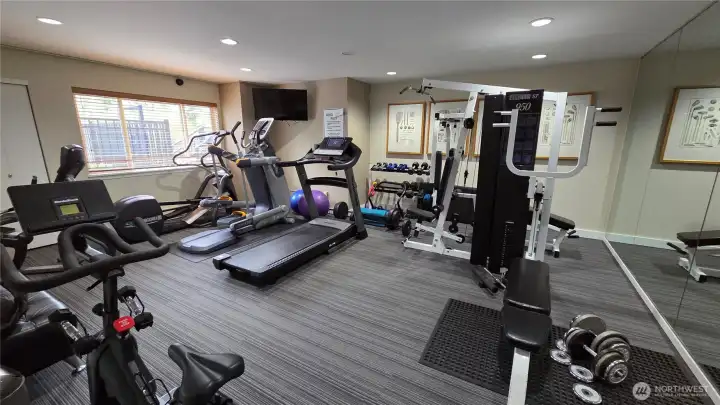 Fitness room with treadmill, excercise bike, weights, elyptical and showers