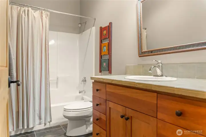 Full guest bathroom with tub/shower combo and wood cabinetry.