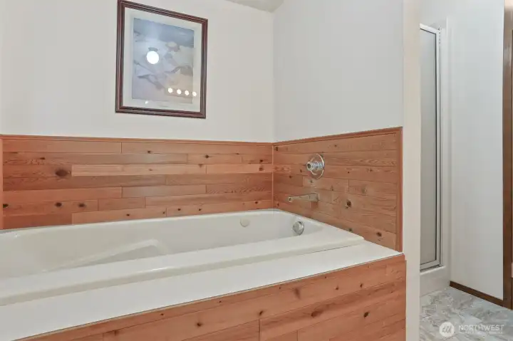 Master bedroom suite features a walk in closet and a 4 piece bathroom with a jetted tub.