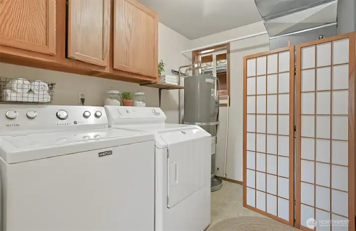 Laundry room with included full size washer and dryer, newer electric hot water heater and forced air furnace/heat pump w/AC.  Virtually staged photo.