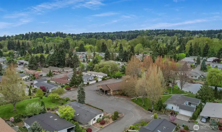 Wandering Creek Common Area: Drone view of the Clubhouse and Reflection lake, just a couple houses away from the home.