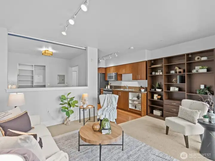 Another California closets shelving unit is in the living room.