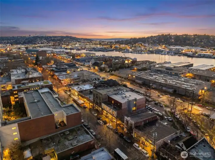 Ballard Ave and the Salmon Bay Waterway looking south.