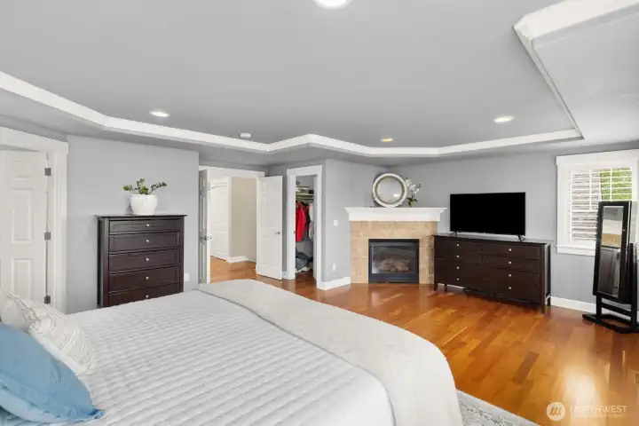 Primary bedroom with his and hers closets, gas fireplace and view!