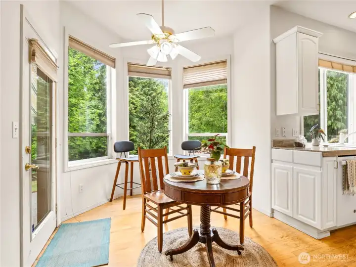 The garden windowed breakfast nook is a great place to eat or play games.
