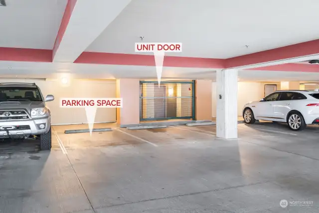 Secure covered parking just outside the unit door. No access stairs.