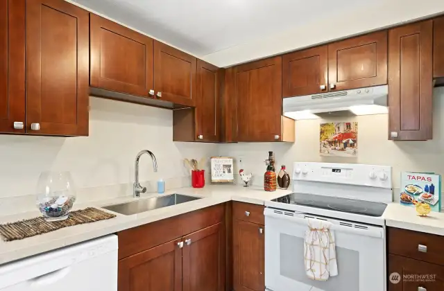 Nice cabinetry, all white appliances, except portable microwave that stays.