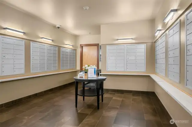 The clean and quiet mail room. The mail is located just off the lobby elevator in the same tower.