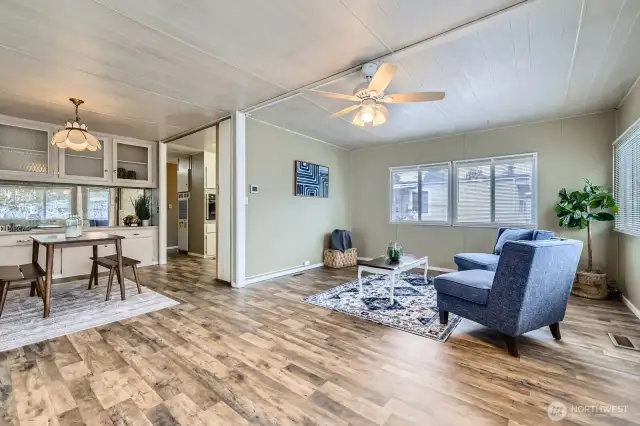 Inviting open living space with built in display case.