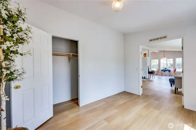 Closet space in the bedroom off of the living room.
