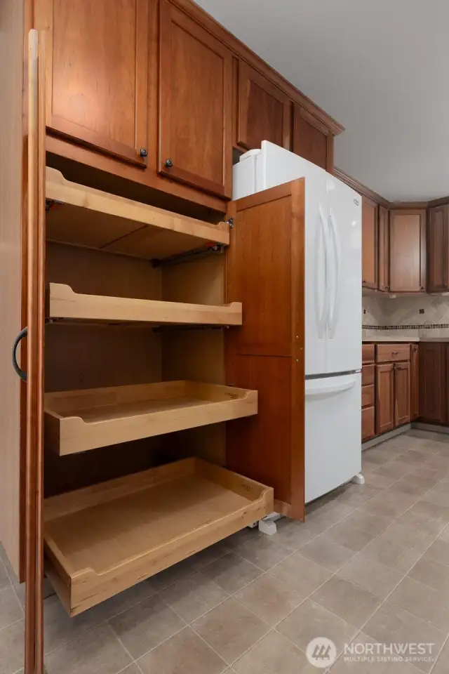 Pantry with pull out drawers open
