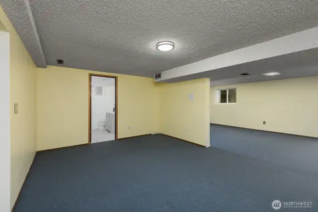 Another room in basement, with 3/4 bath in the distance