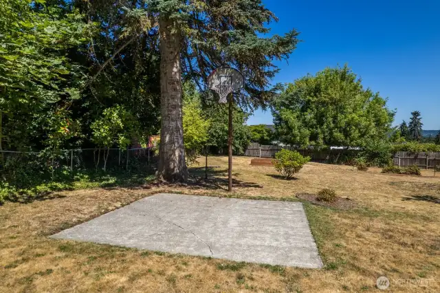 Sport court with basketball hoop.