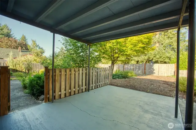 Another view of the covered patio (or carport if desired) with vehicle gate at the alley.