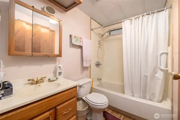 Guest bathroom has a full tub and shower.