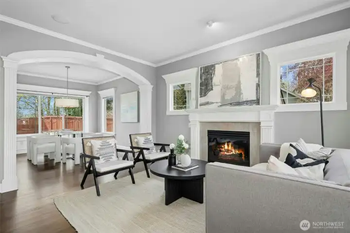 Gather around the cozy fireplace.