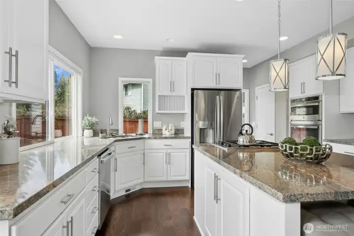 Classic kitchen palette with crisp white cabinetry.