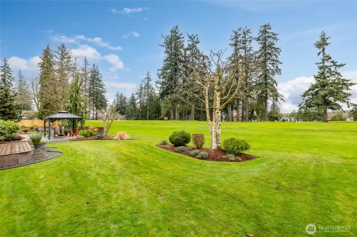 The backyard grass blends seamlessly into the golf course area.