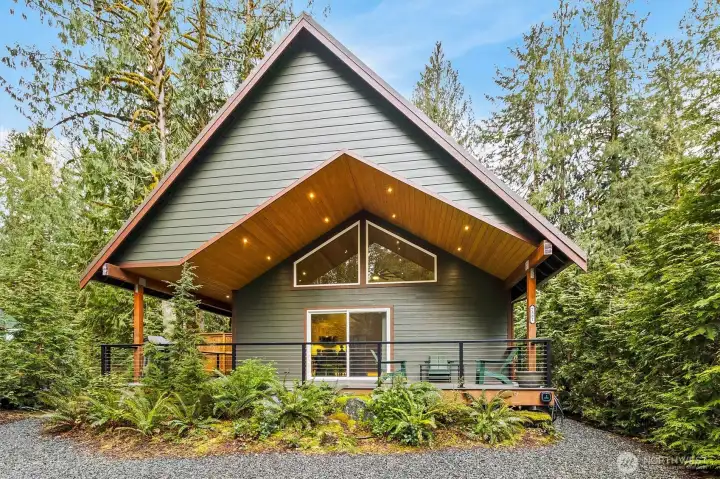 Modern cabin exterior with striking rooflines and covered front deck surrounded by evergreens.