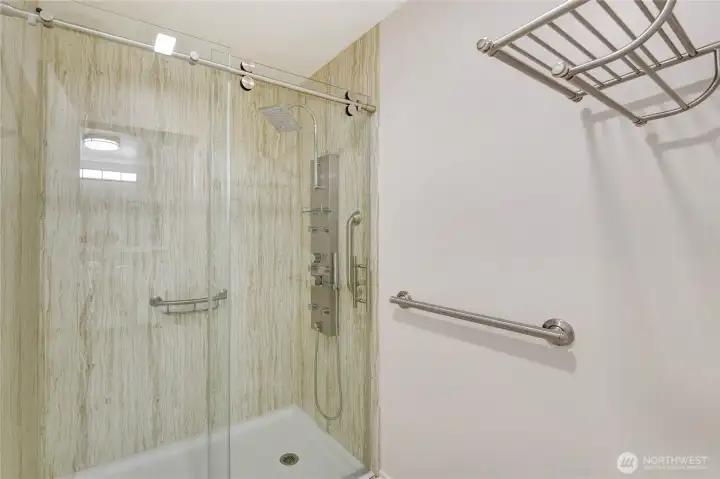 New lower level bathroom private shower area.