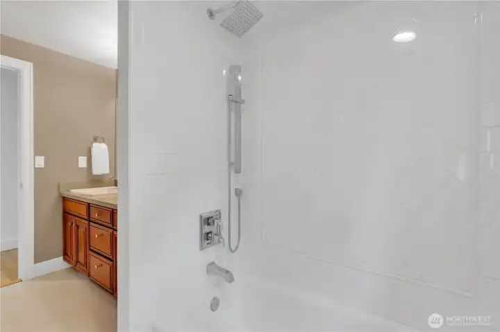 Beautiful Herringbone inlay in guest bath.