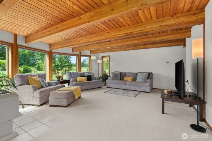 Living room with large windows facing south. Beautiful territorial view of yard, flower beds, and large expanse of grass leading to patch of trees on south side of property. Living room with large windows facing south. Beautiful territorial view of yard, flower beds, and large expanse of grass leading to patch of trees on south side of property.