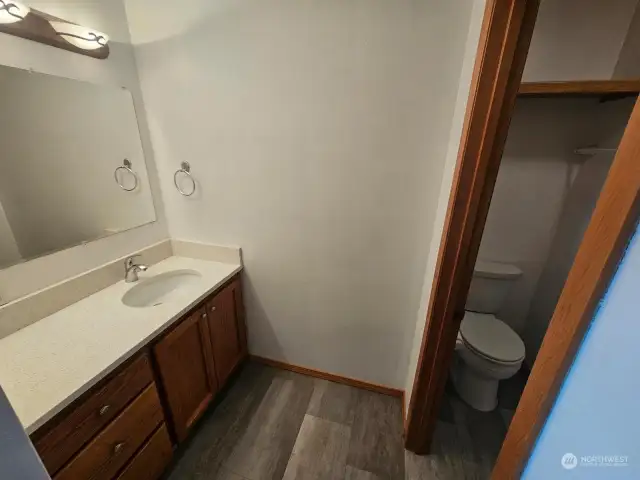 Ensuite bathroom with beautiful new flooring, countertop and fixtures.