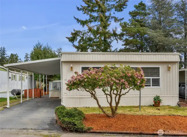 Carport Parking for 2 Cars and a large entry deck.  Lots of gardening space around the home and lawn area up front.