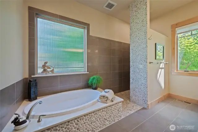 No frame roll in shower and large soaking tub