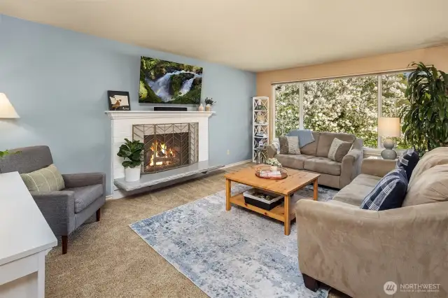 Wood-burning fireplace.